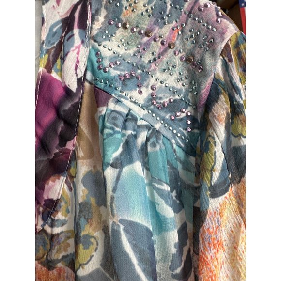 Unity Woman sz 2X multi print purple ruched sleeve split v neck lined Boho top - Picture 9 of 10